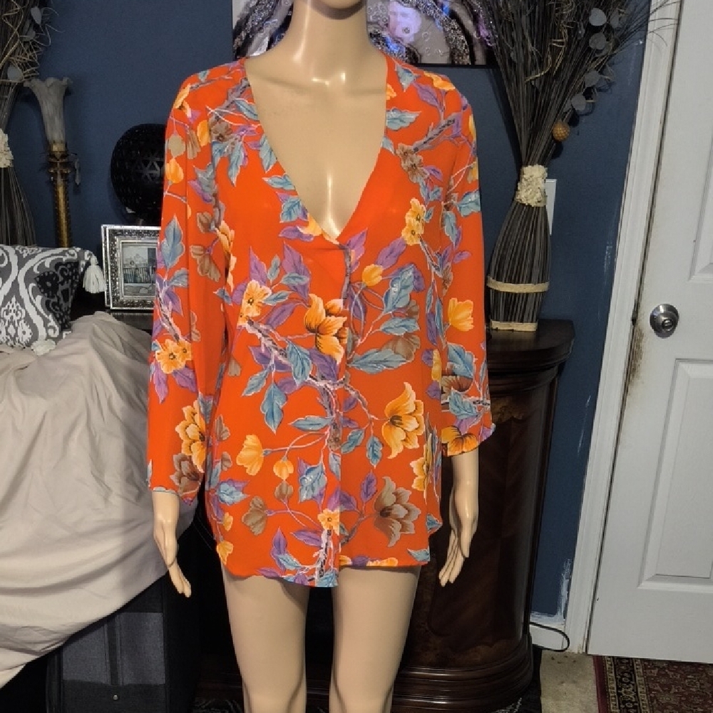 Floral V-Neck Blouse - Orange